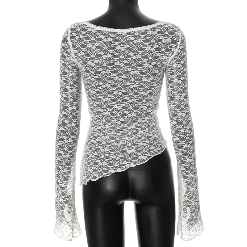 Sexy Lace Sheer T-shirt Cover-ups Women See Through Long Sleeve Asymmetrical Tees Shirt Ladies Floral Mesh Crop Tops Fashion