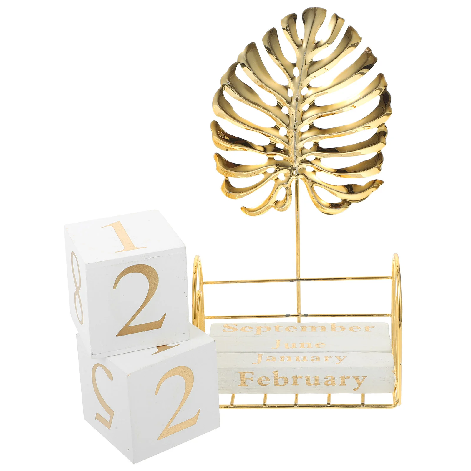 

Garneck Wooden Block Perpetual Desk Calendar with Metal Palm Leaf Sculpture and Flip Calendar Pages for Tropical Themed Parties