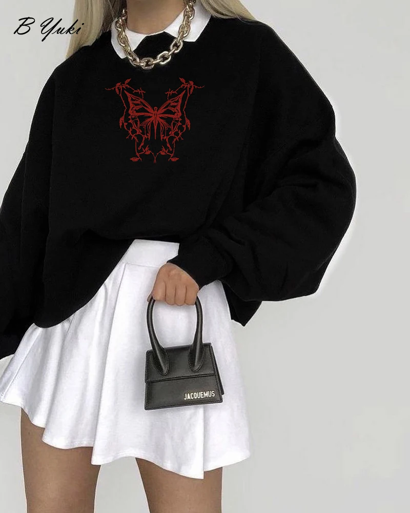 Blessyuki Butterfly Printed Hoodies for Women Oversized Cotton Vintage Y2k Sweatshirt Streewear Gothic Pullover Kpop Top Clothes