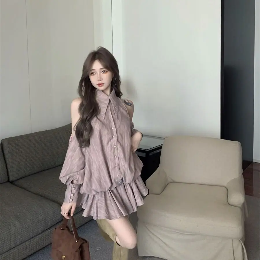 Nicemix Abito camicia a maniche lunghe con colletto polo per donna Autunno nuovo elegante mini abito a pieghe a trapezio casual con spalle scoperte - immagine 6