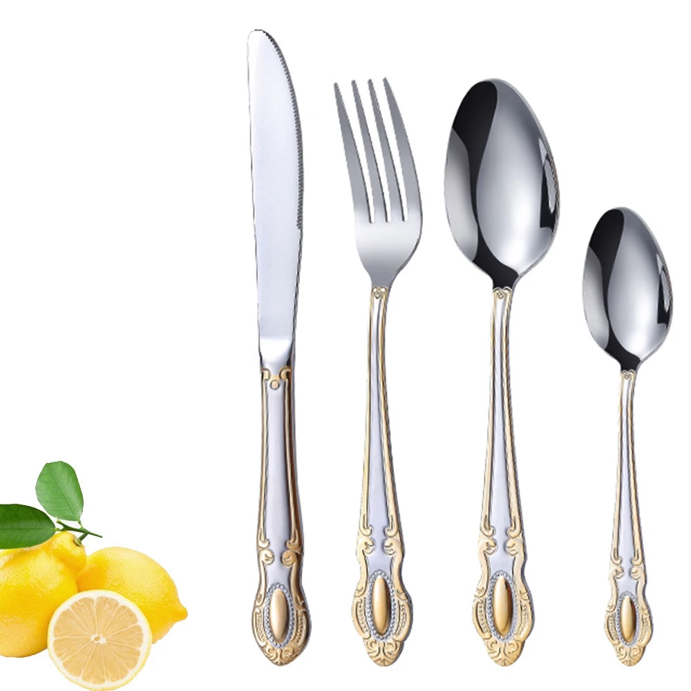 

High-end stainless steel tableware luxury palace style western steak knife and fork dessert spoon gold edge 4-piece gift set