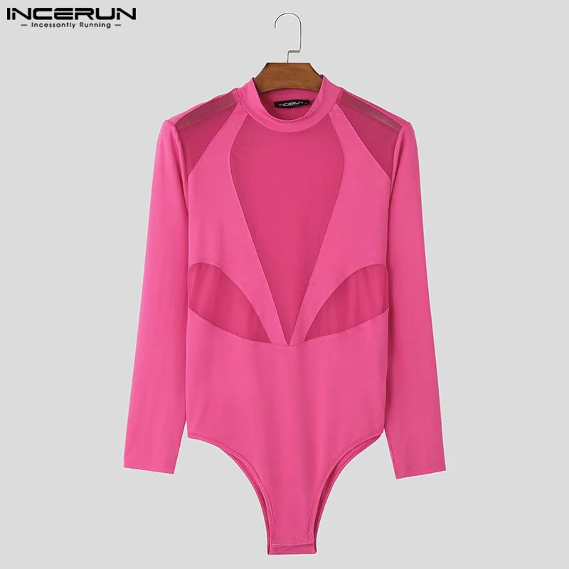 Men's Sexy Loungewear Fashion Thin O-neck Patchwork Jumpsuits Male See-though Thin Long Sleeved Bodysuits S-5XL