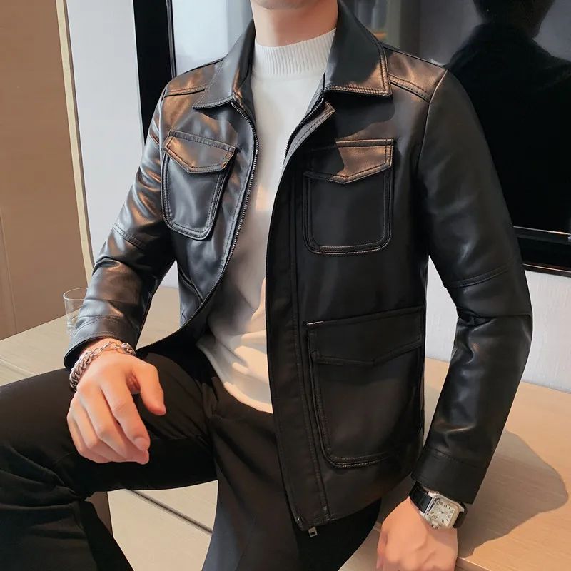 Korean Motorcycle Leather Jackets Men Large Lapel Pu Casual Biker Coat  Streetwear Social Business Coat Handsome Men Clothing - Faux Leather -  AliExpress