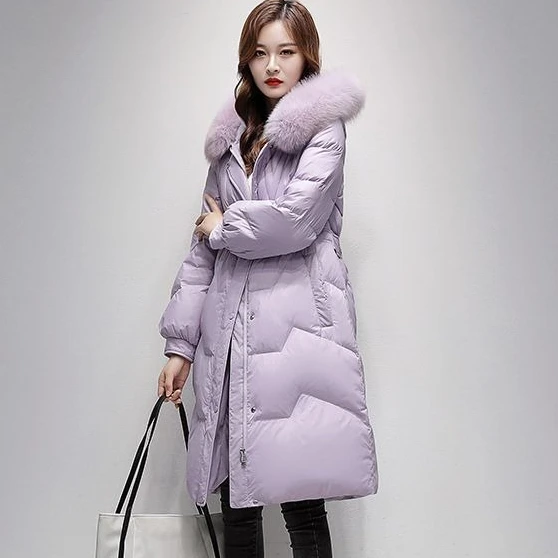 2023 New Down Jacket Women Medium Long Winter OutwearThickened Warm Parkas Fur Collar Overcoat Temperament Thin White Duck Coat