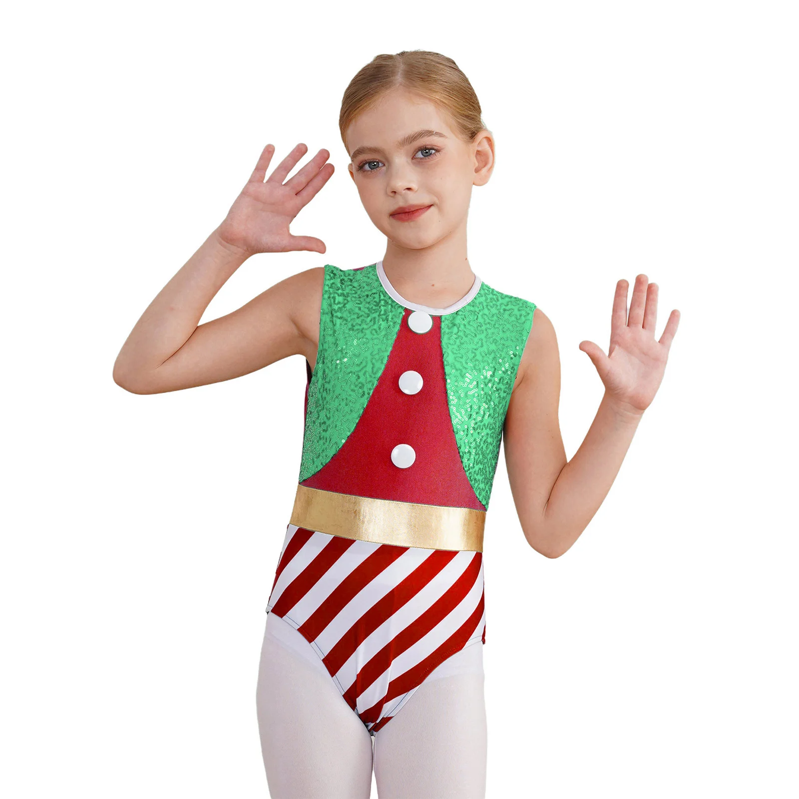 Kids Girls Christmas Elf Santa Costume Long Sleeve Stripes Gymnastic Leotard Ballet Dance Jumpsuit Xmas New Year Party Dancewear