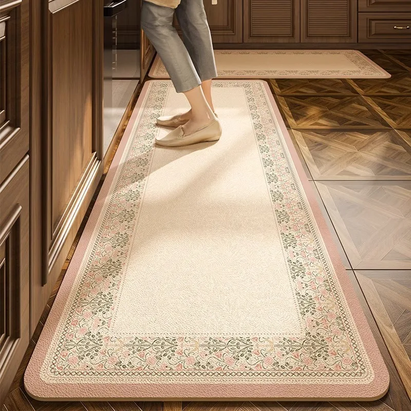 PVC Kitchen Floor Mat European Floral Luxury Waterproof Oil-resistant Bathroom Carpet Non-slip Wear-resistant Balcony Rugs Tapis