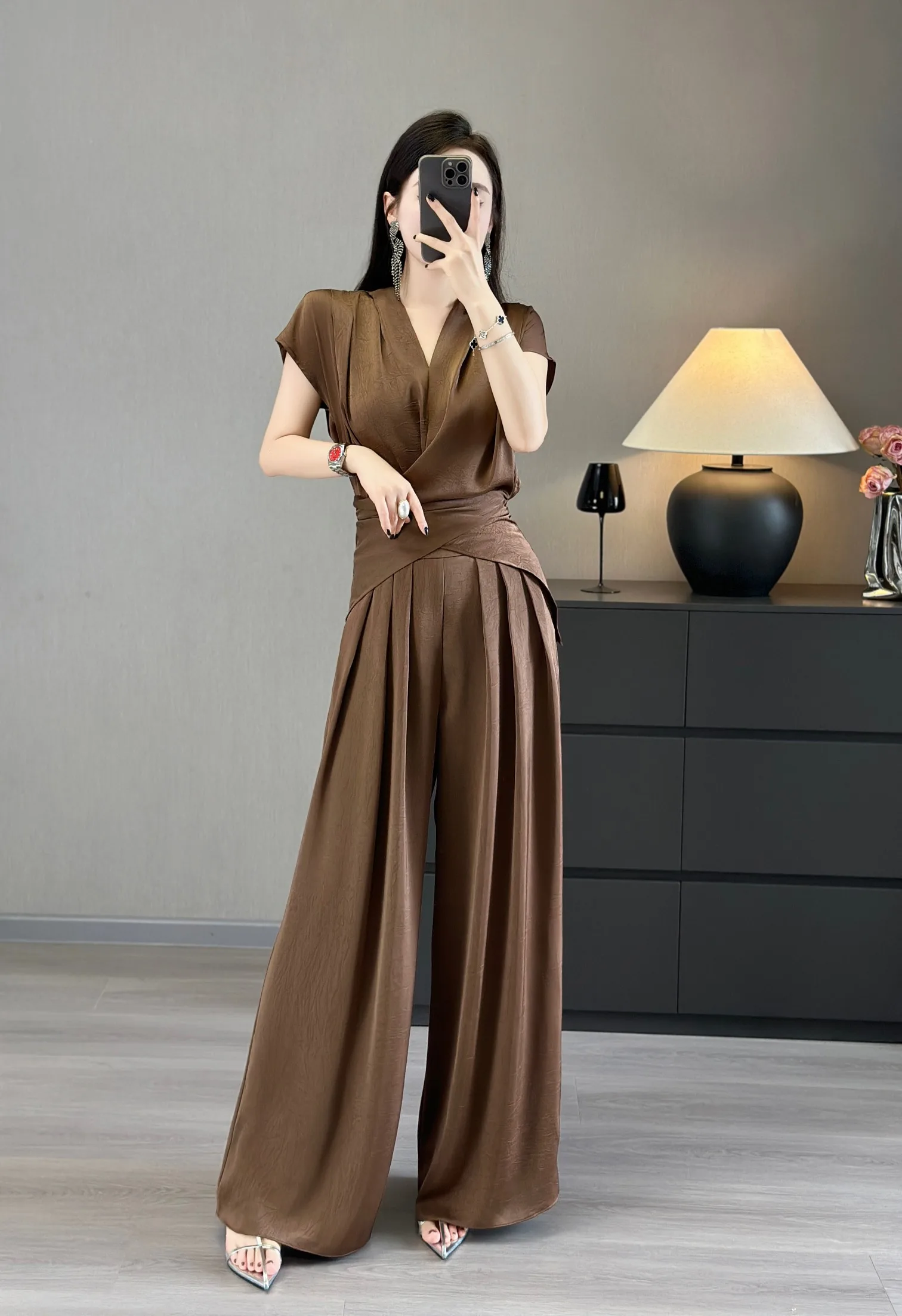 ZJYT Summer Lace Up Top and Wide Leg Pants 2 Piece Matching Sets Office Lady Work Wear Elegant Chic Trousers Suit Clothes Khaki 2