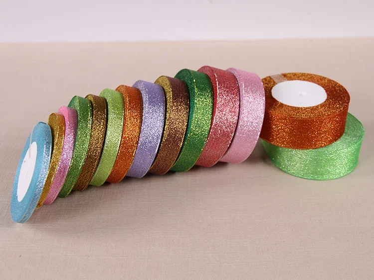 Gold Silver & Pink Blue Glitter Metallic Ribbon for Holiday & Party Decorations - 40mm Wide