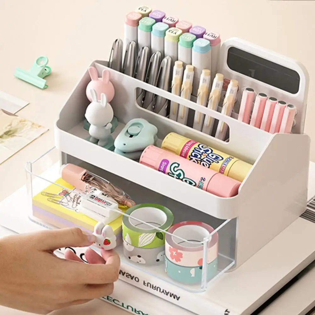 Student Stationery Pen Holder Transparent Drawers Cute Multifunction Solid Color Desktop Organizer Stationery Storage Box storage box