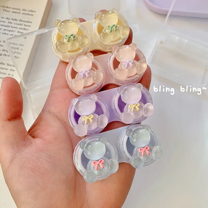 Bling PP Contact Lens Box Container with Tweezer Suction Stick Three-dimensional Crystal Bear Contact Lens Case for Girls