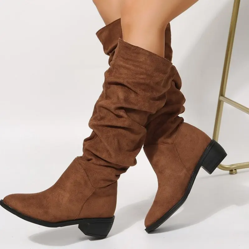 

New High Quality Pleated Boots Women Black Nude Faux Suede Flock Knee High Boots Ladies Flat Autumn Winter Dress Fashion Shoe 42