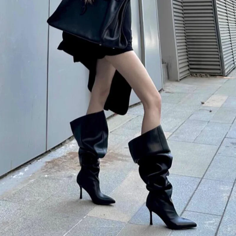 

Women Wide Knee-high Stacked Boot Ladies Oversized Barrel Stacked Shoes Pleated High-heel Pointed Toe Black Slip-on Show Slender