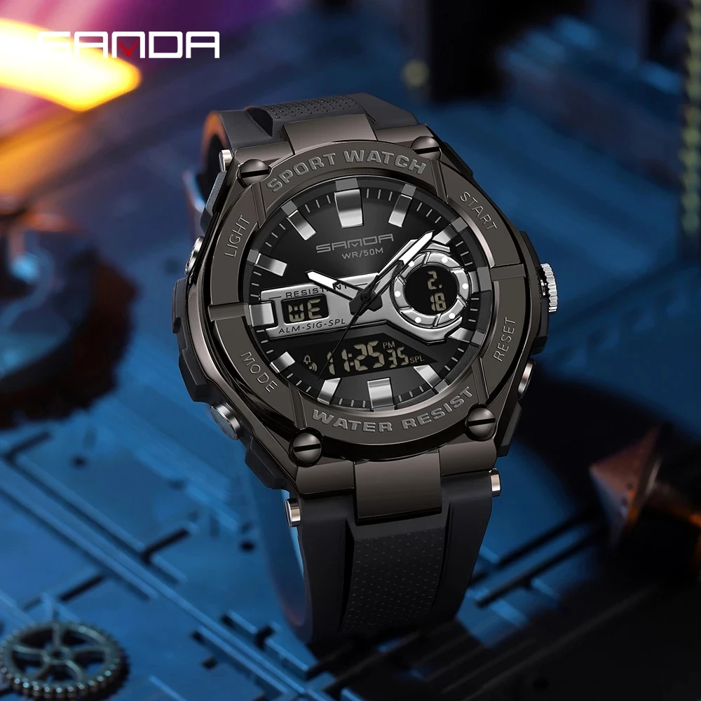 

2024 New Men's Watches 50M Waterproof Quartz SANDA 3123 Wristwatch Sport Military LED Digital Watch for Male Relogios Masculino