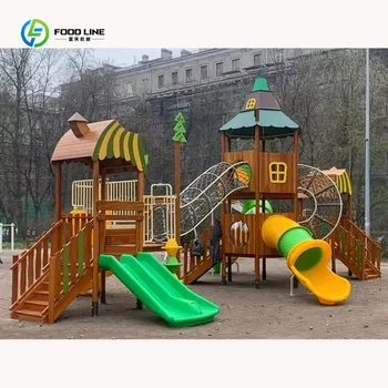 Attrezzature da gioco per esterni in legno per bambini con scivolo e struttura da arrampicata integrati per parchi pubblici, scuole mattonelle e scuole, personalizzabili