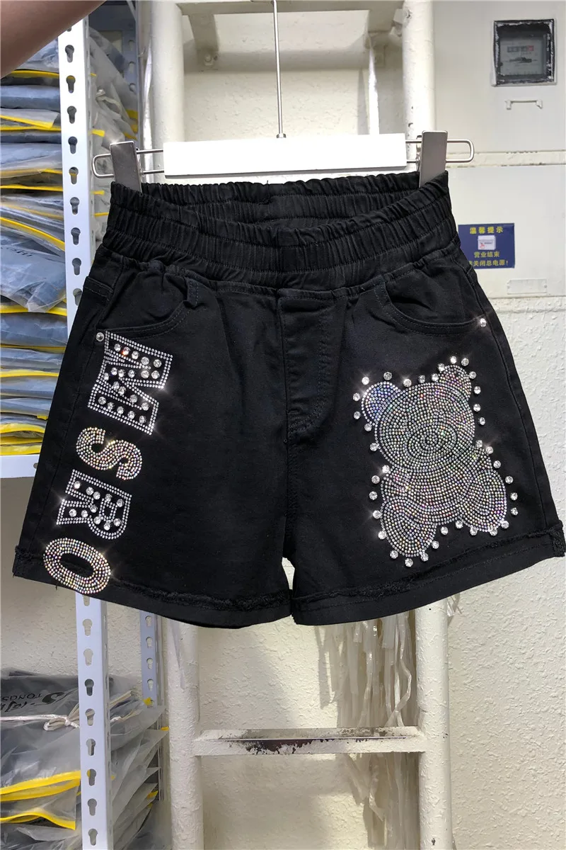 Women Black Short Jean 2022 New Summer Fashion Al-match High Elastic Waist Cartoon Letters Diamond Wide Leg Hot Denim Shorts