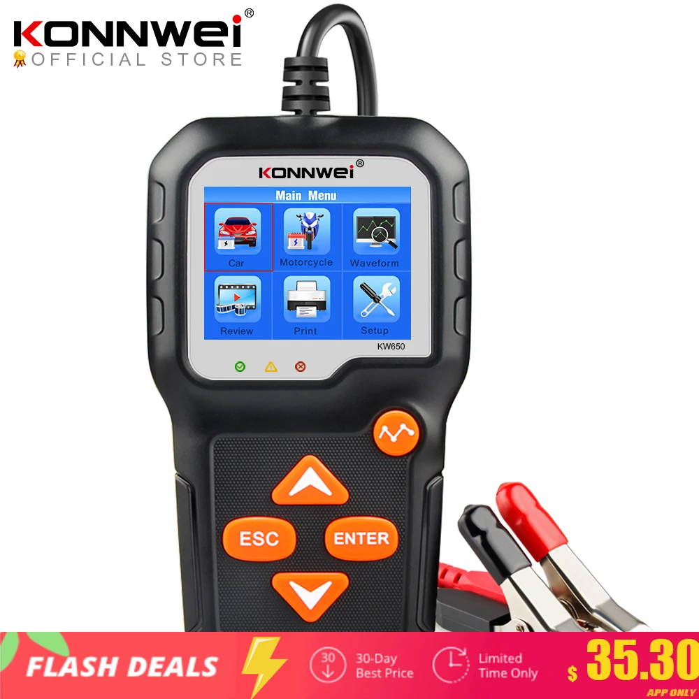 KONNWEI KW650 Car Motorcycle Battery Tester 12V 6V Battery System Analyzer 2000CCA