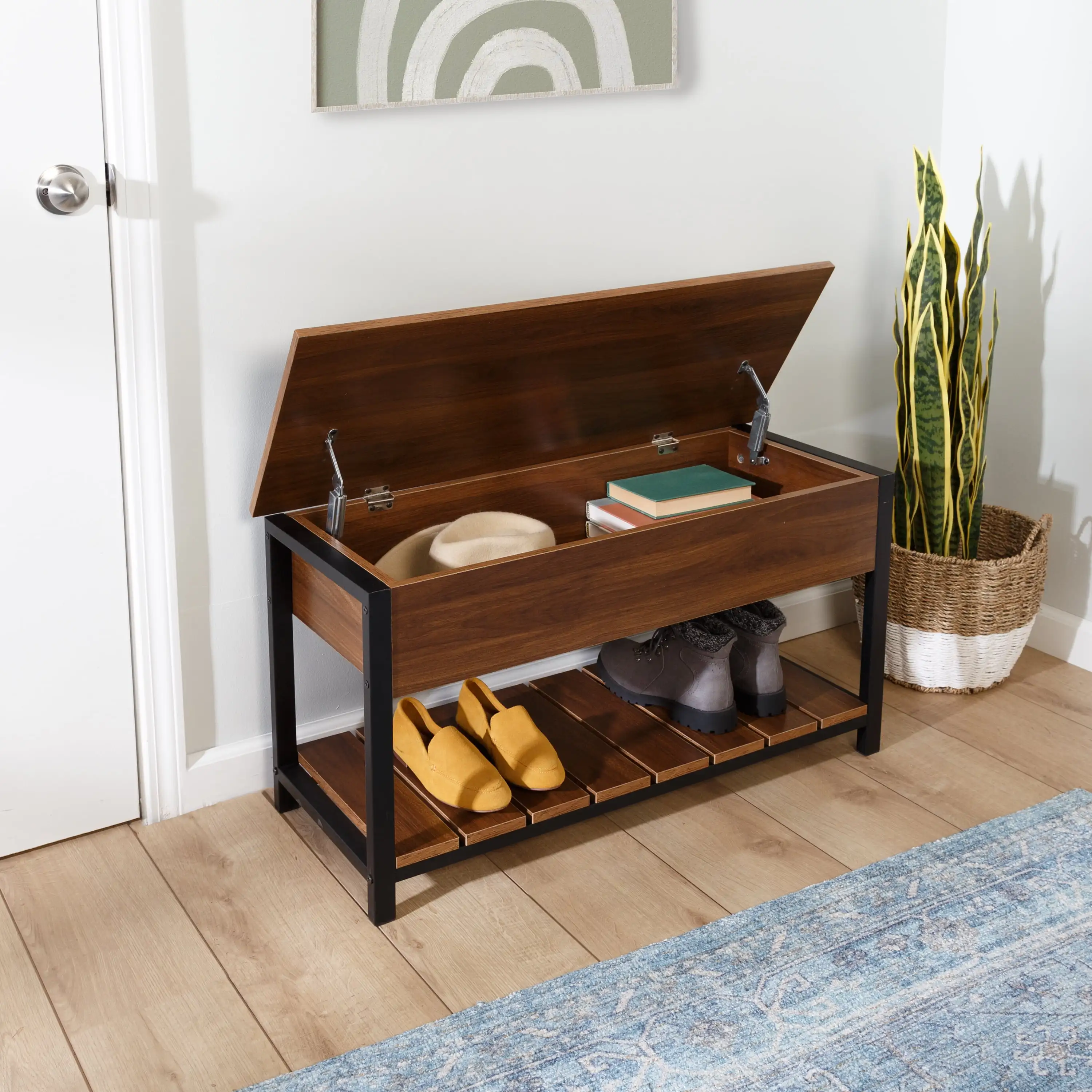 

Wooden 2-Tier Shoe Storage Bench with Open Top, Walnut/Black Finish Shoe Organizer Entryway Storage Shelf for 8-Pairs