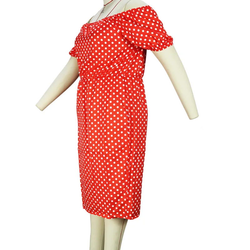 Spring Summer Bohemian Polka Dot Printing Sexy One Word Collar Puff Three Quarter Sleeve Plus Size Mid-calf Dress for Women