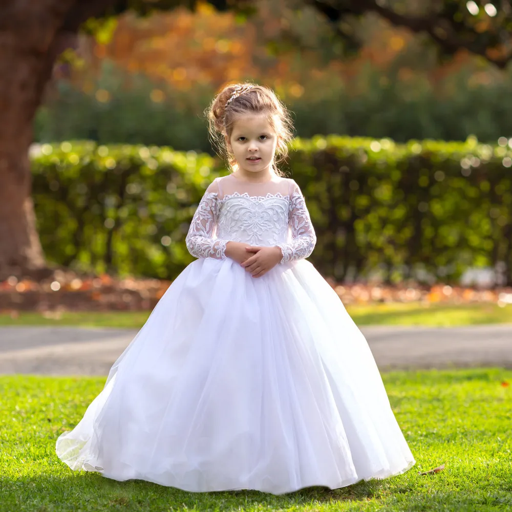 

2024 Flower Girls Wedding Dress Lace Tulle Long Train Princess Holly Communion Baptism Gown Pageant Party Clothes Girl Ball Gown