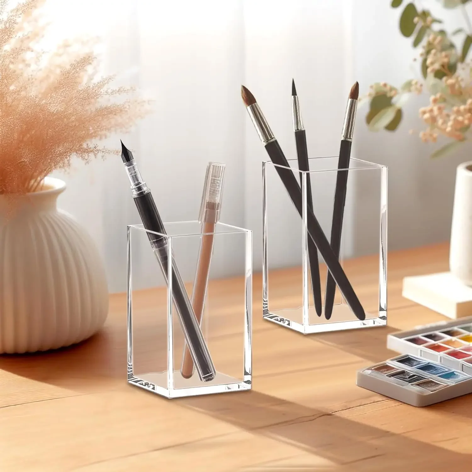 Acrylic Pen and Brush Holder Clear Makeup Brush Organizer for Office Desk and Dressers