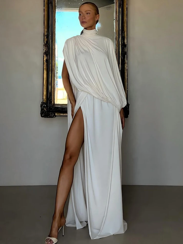 Nibber Greek Style 2Piece Set Women Turtleneck Asymmetrical Hem One Sleeve Folds Top+Elastic Waist Skirt Vacation Elegant Suits