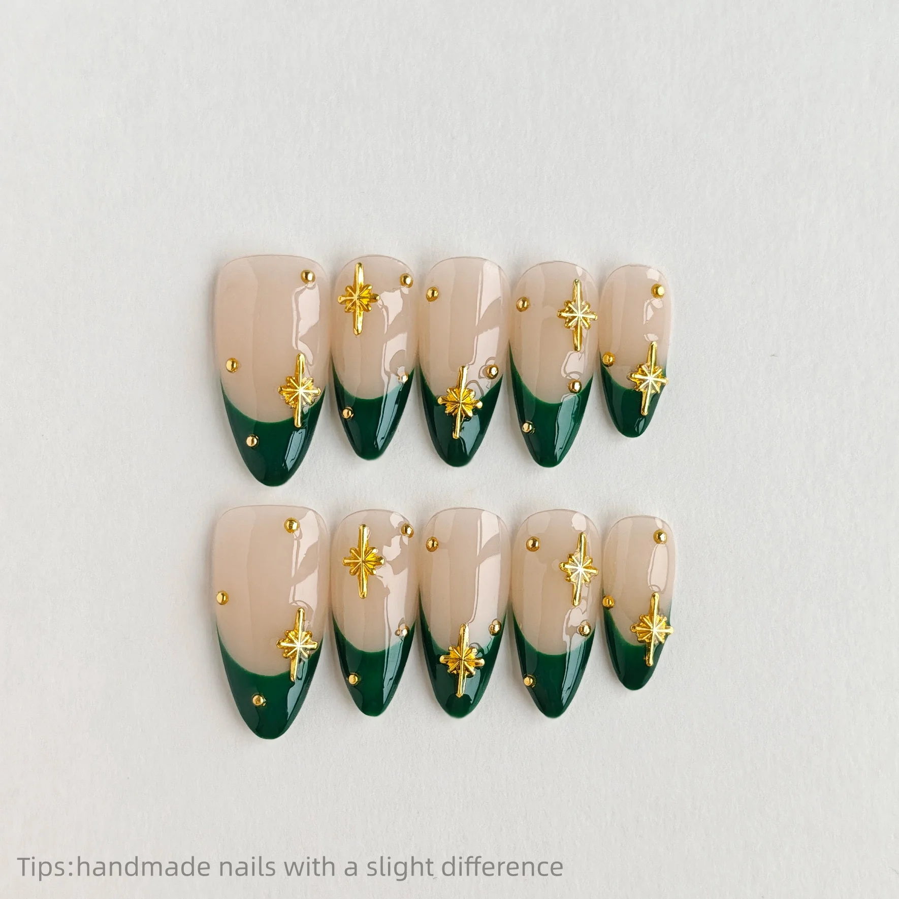 10 Uds. De uñas postizas hechas a mano, color nude, verde, dorado, con forma de estrella, almendra, cubierta completa larga, usable, reutilizable, dulce, 2026