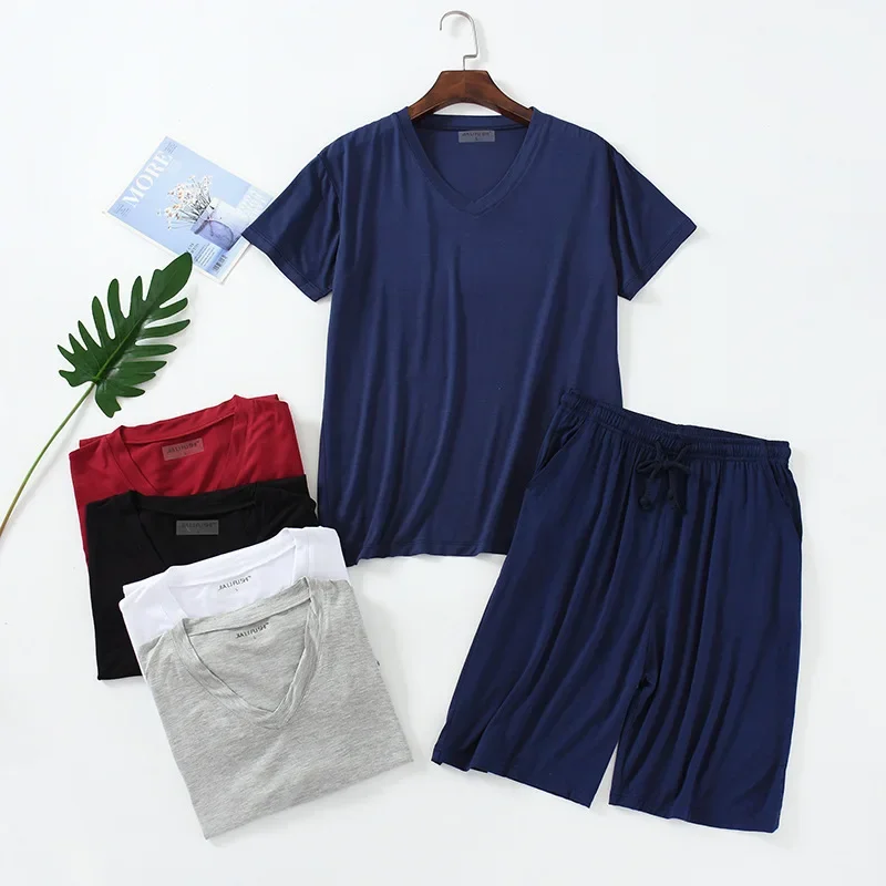 Mens Summer Pijamas Modal Plus Size 4xl Short Sleeve Shorts Thin V-neck Pullover Tops Loose Shorts Pajamas Set