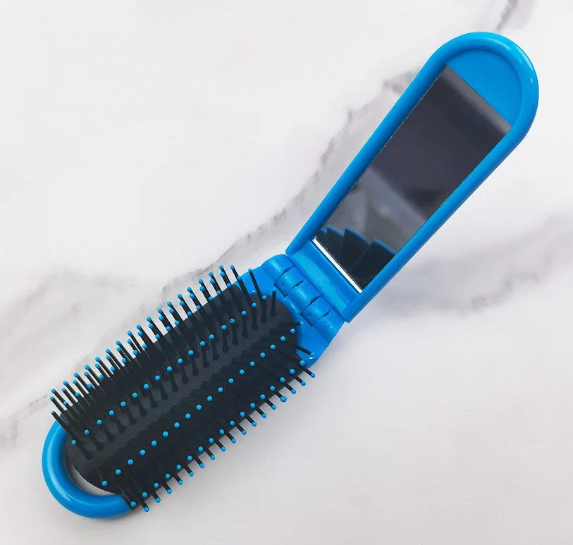 Compact Dual-Use Folding Hair Brush with Mirror - Portable and Heat-Resistant