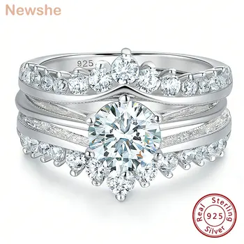 Newshe Luxury Solid 925 Sterling Silver Wedding Engagement Rings for Women High Grade Cubic Zircon Guard Band BR1167 1