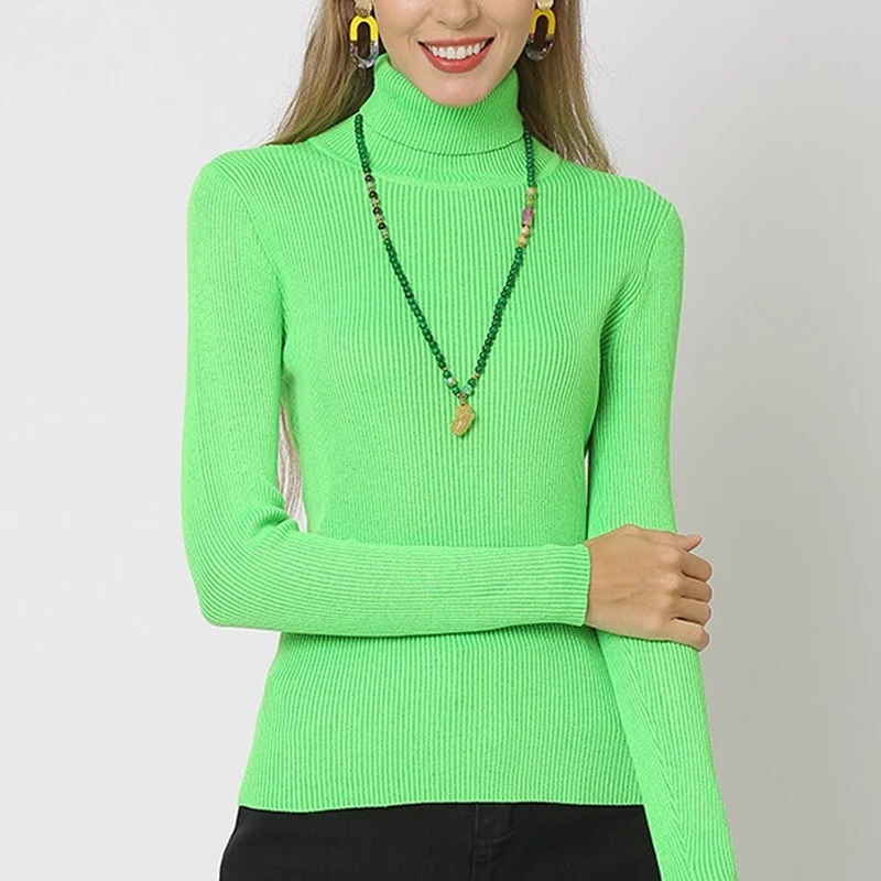 

2023 вязаные повседневные Простые свитера с высоким воротником, осенне-зимний модный женский мягкий эластичный пуловер, облегающий джемпер с длинным рукавом 29410