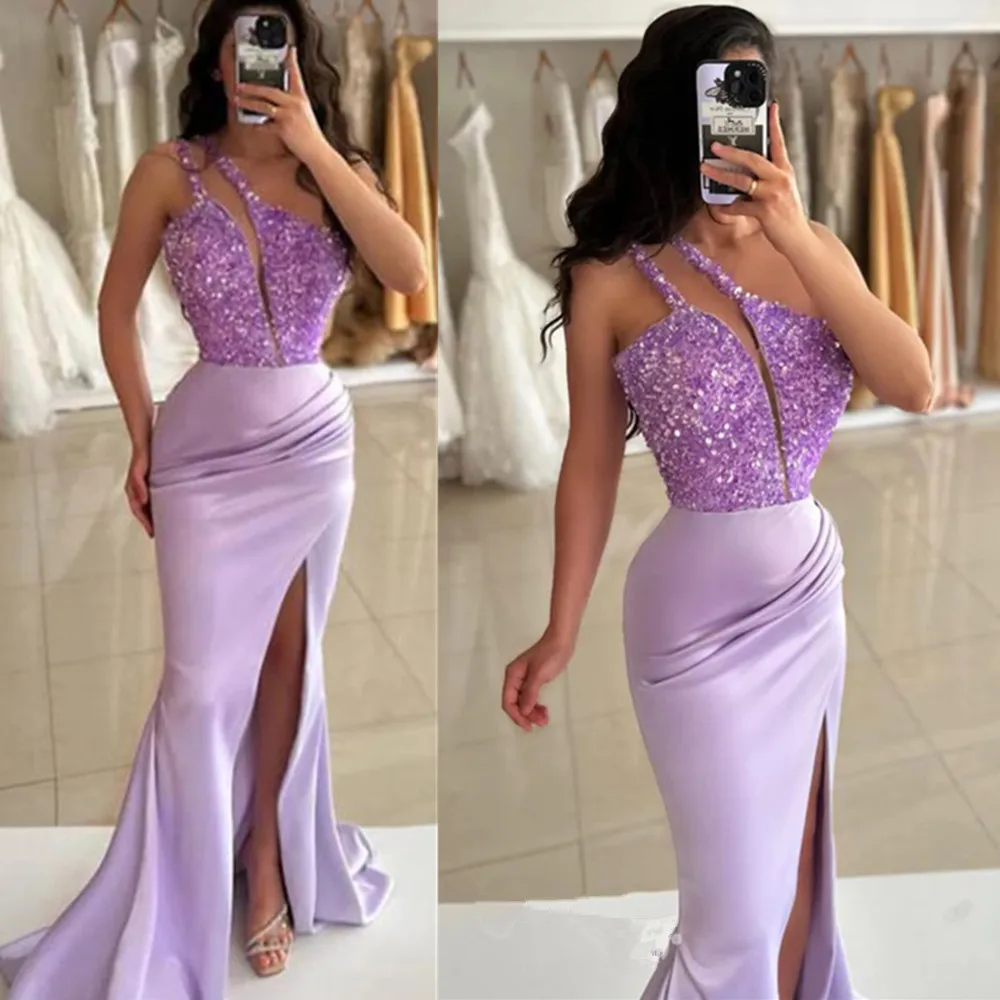 

long Sleeveless Lilac Evening Dresses Black Sequins Kaftan Special Occasion Dubai Formal Prom Dress Vestidos de Novia Plus Size