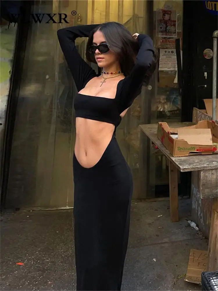 

WLWXR Spring Sexy Hollow Out Bodycon Maxi Dresses Club Outfits For Women 2023 Black Long Sleeve Long Dress Party Women Clothing