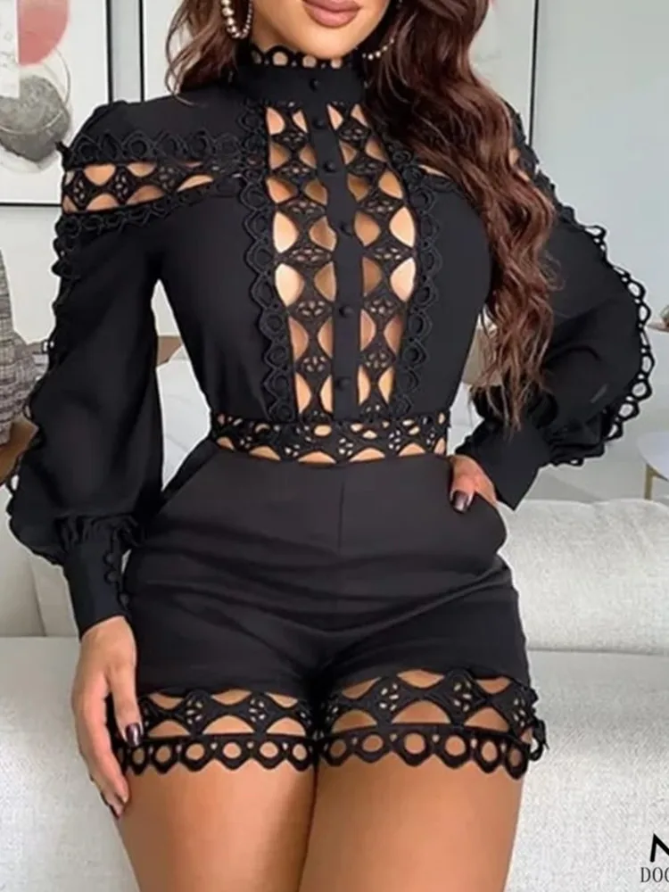 

Black White Women Fashion Sexy Long Sleeve Hollow Out Lace Bodycon Bandage Playsuits 2022 Celebrity Designer High Street Rompers