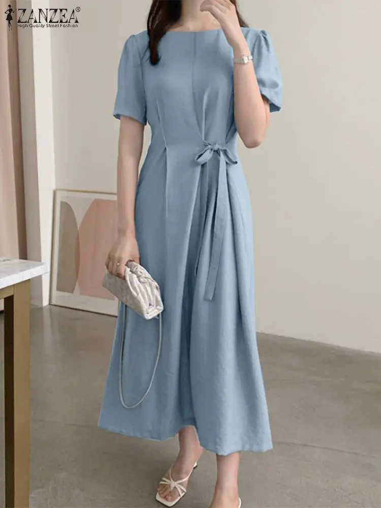 

ZANZEA Fashion Pleated Dress For Women Short Sleeve O Neck OL Style Work Vestido Causal Party Sundress Femme Solid Color Dresses