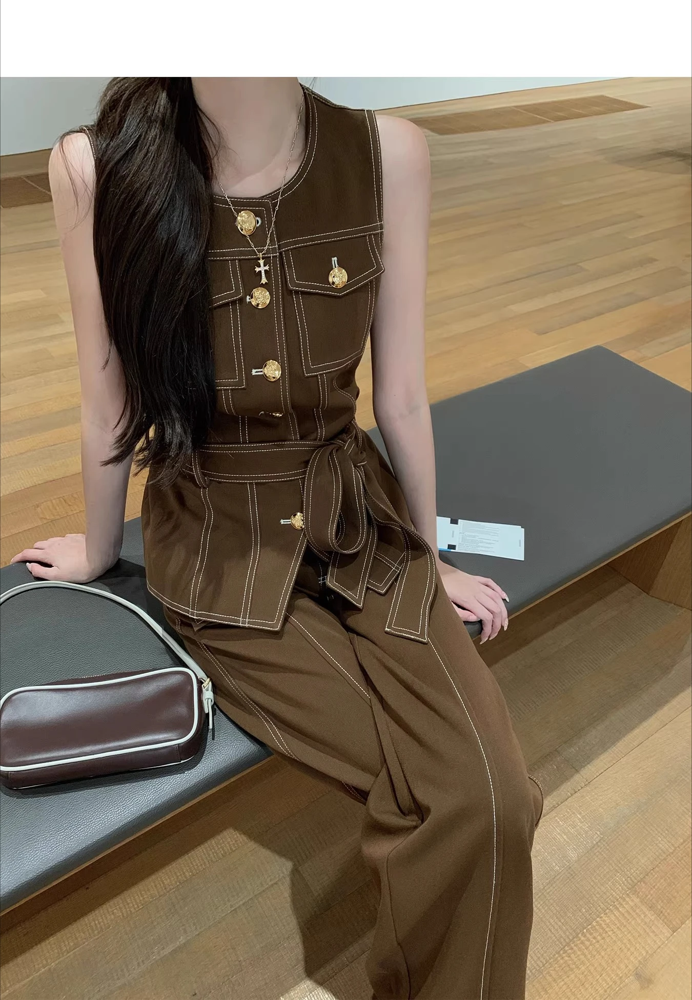 Y2k American Retro Loose Straight Pants Suit 2026 New Japanese Fashion Trend Topstitched Gold Buckle Waist Lace-Up Vest 4