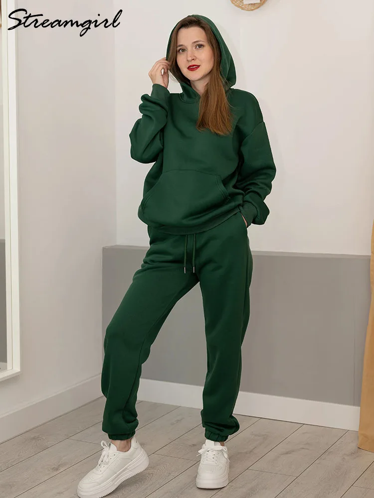 Winter Sweat Suit Set Women Fleece Hoodies Two Pieces Outfit