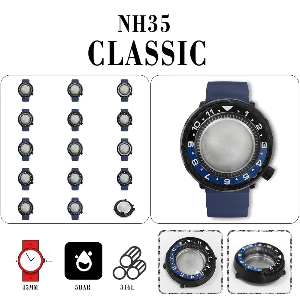 

PVD Black 45mm Canned Case + Black Shadow + Blue Rubber Strap Compatible with NH35/NH36 calibres