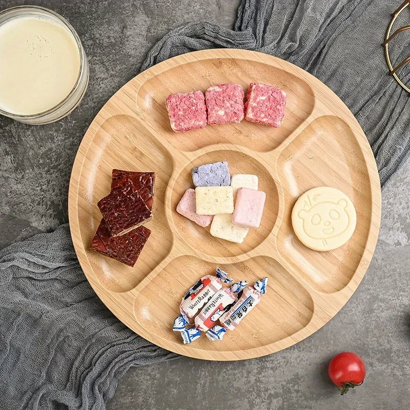 Wooden Divided Serving Trays Bamboo Fruit Tray with 5 Compartments Round Serving Tray for Party Dishes Snacks Dried Fruits 4