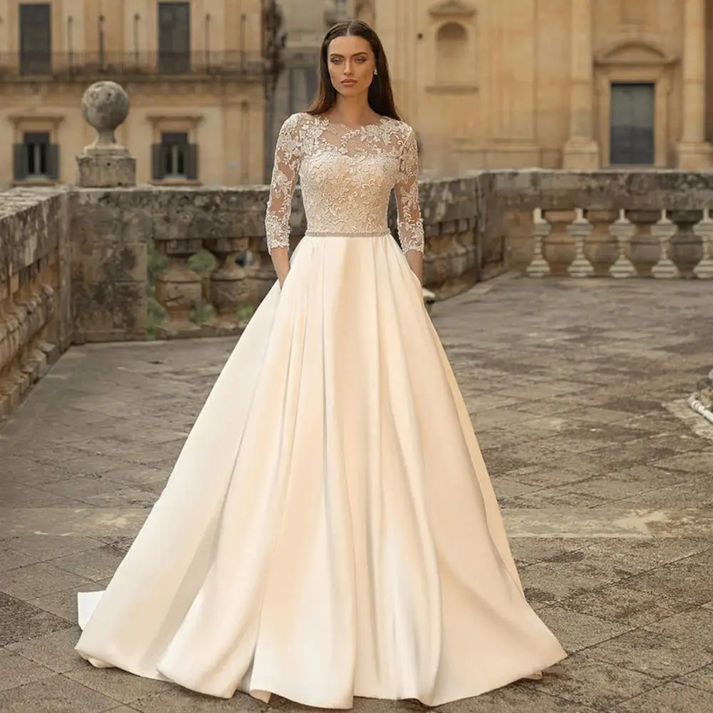 

Three Quarter Sleeve Wedding Dresses Backless Vestidos De Novia Applique Vestido De Noiva