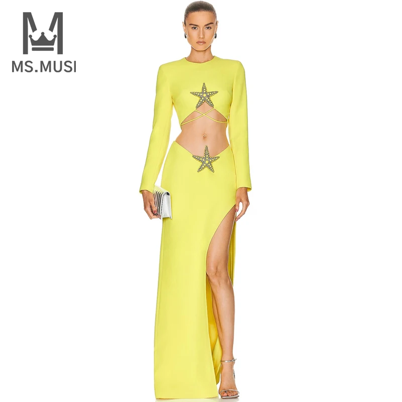 

MSMUSI 2024 New Fashion Women Sexy Two Piece Set Bodycon Party Diamond Crystal Sequins Starfish Top Slit Long Skirt Set Suit