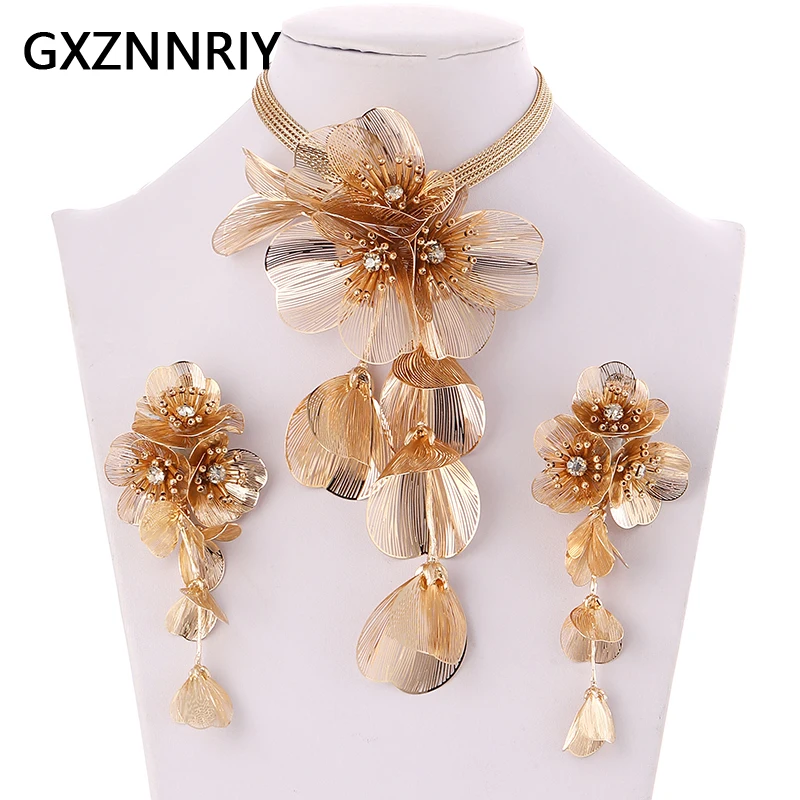 

Handmade Copper Flower Necklace and Earrings Set Fashion Gold Color Jewelry Sets for Women Accessories Trendy Party Gifts