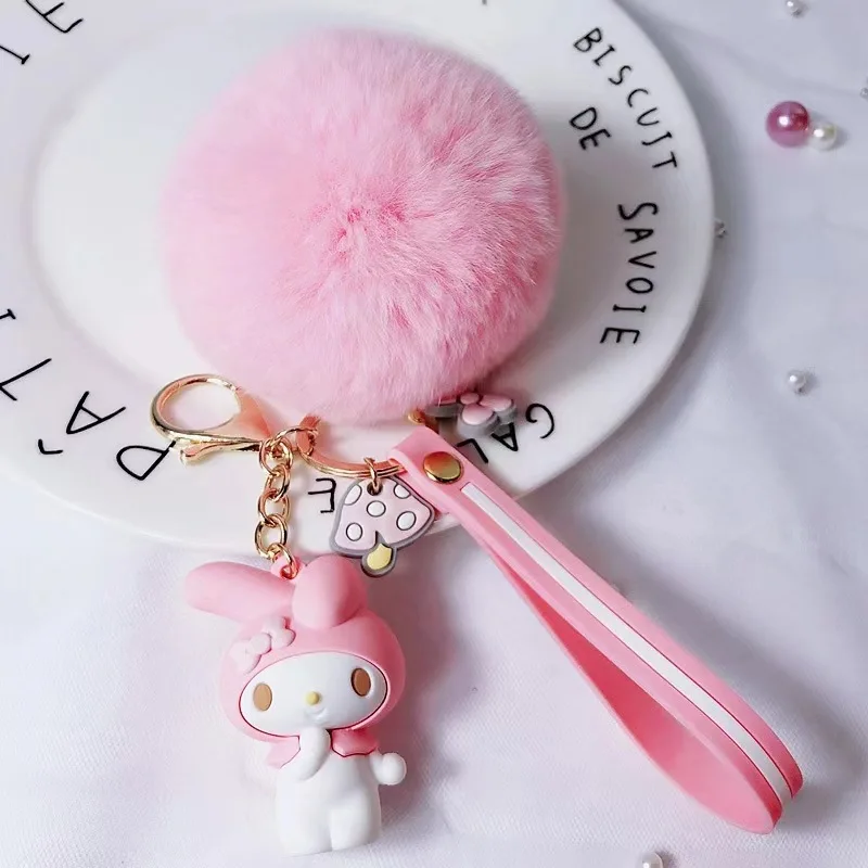 Key Chain Hello Kitty Sanrio Kuromi Penguin Frog Dog Cat Fluffy Rabbit Fur Ball Women Girl Bag Pendant Gifts
