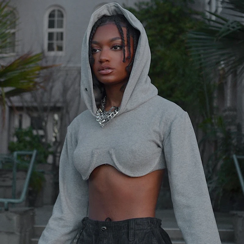 

Harajuku Casual Fashion Streetwear Women's Solid Tops Summer 2021 Hooded Long Sleeve Crop Tops Female Sexy Hoodies Sweatshirt