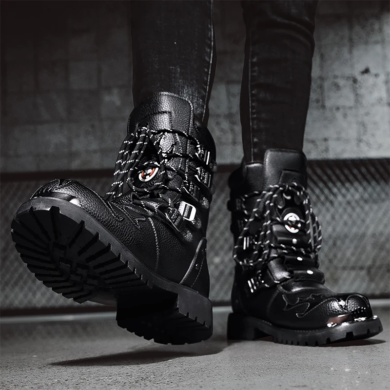 Black Leather Men's Platform Ankle Boots Square Toe Lace Up Shoes_voghion.com