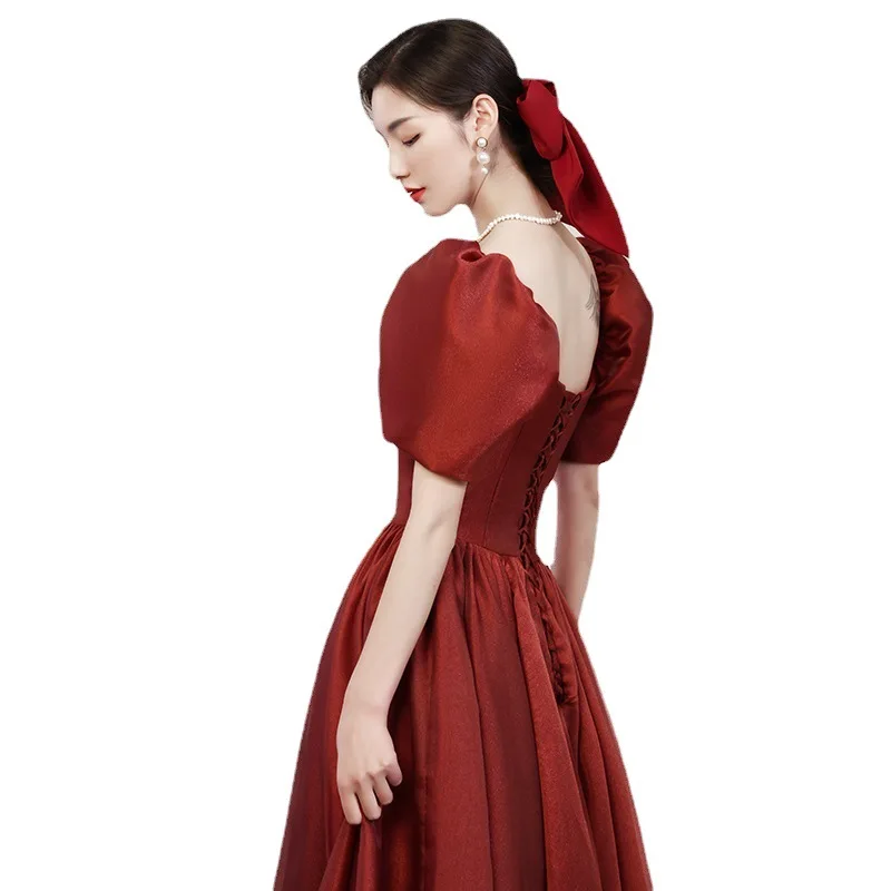 Abito da sposa con brindisi di fidanzamento con maniche a palloncino, banchetto di fidanzamento rosso vino, abito elegante, abito formale personalizzato - immagine 3
