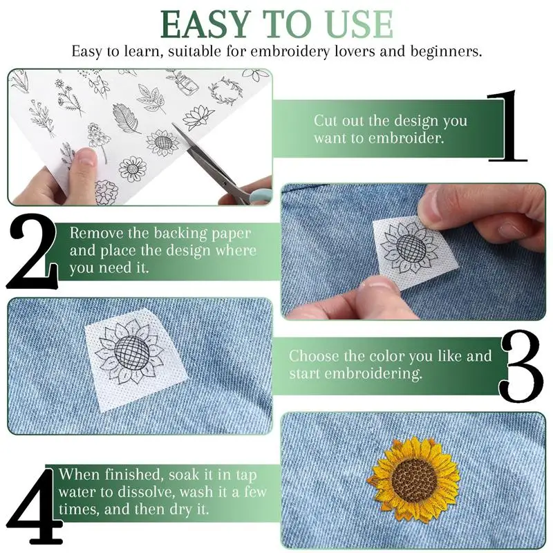 NATOSU 75 pezzi disegni di carta da ricamo stick e punto, stabilizzatore solubile in acqua per motivi di ricamo, carta transfer autoadesiva con farfalla a foglia di fiore prestampata per cucire a