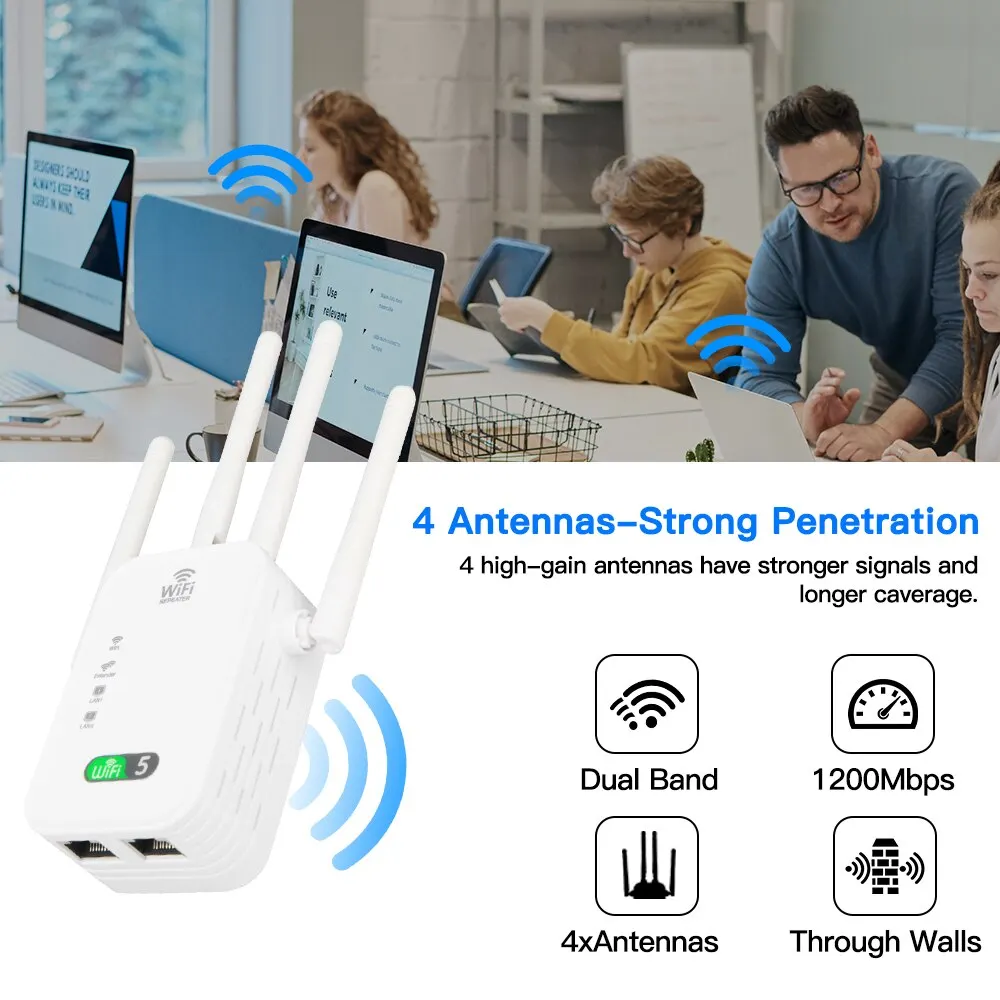 1200Mbps Dual Band WiFi Repeater Wireless Signal Extender 2.4G 5GHz Wi-Fi Amplifier Router Long Range Signal Booster for Home