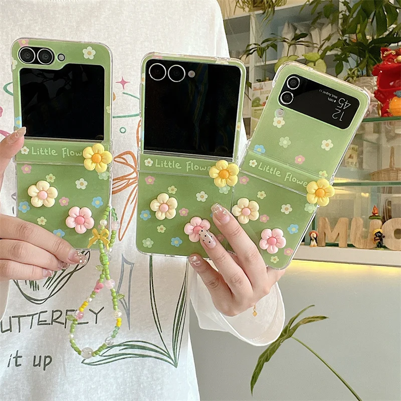 Charming 3D Flower Green Phone Case with Beaded Lanyard - Foldable Protective Cover