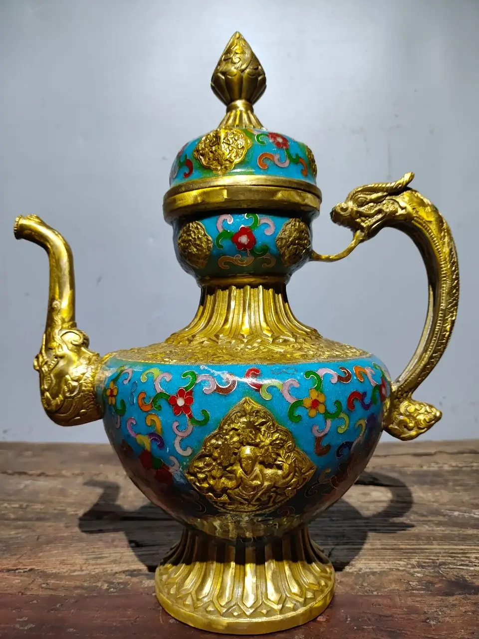 

14"Tibet Temple Collection Old Bronze Cloisonne Enamel Floral texture Dragon handle Da Cang Pot flagon Ornament Town house