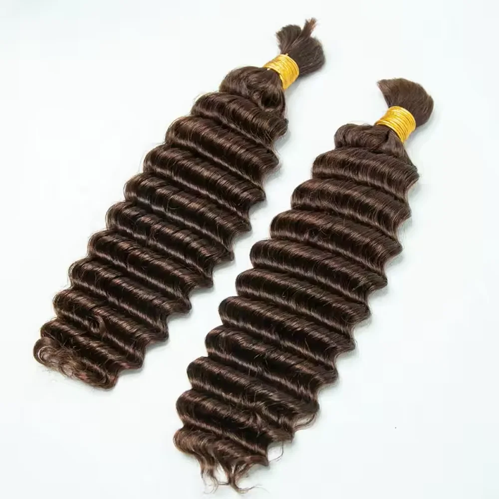 #4 Medium Brown Deep Wave Bulk Human Hair Extensions For Braiding Remy Hair Deep Curly Bulks Boho Braids For Women 3